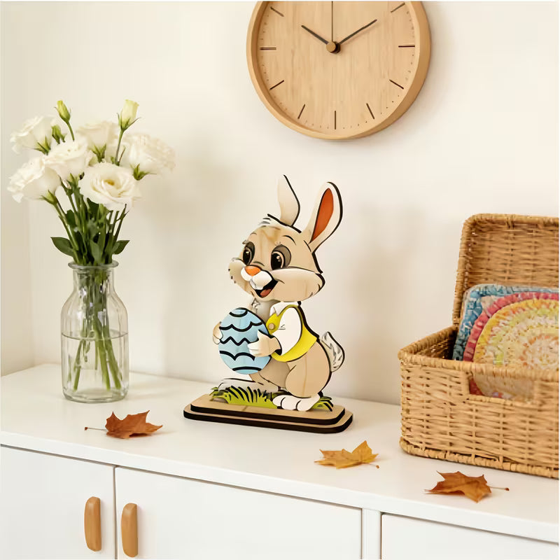 Decorațiune de masă cu iepuraș de Paște – Ornament din lemn natural | Decor calm și natural pentru casă