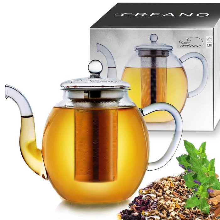 Creano Glasteekanne 1L – 3-teiliges Teesystem mit Edelstahl-Sieb & Glasdeckel | Tropffrei