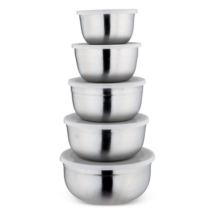 Set de boluri de bucătărie din oțel inoxidabil – 5 piese cu capac | Boluri pentru amestecat, pregătit și depozitare