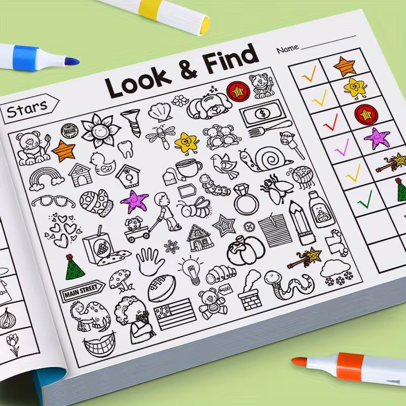 Carte de activități Look & Find pentru copii – joc de căutare și colorare | Concentrare, creativitate și antrenament mental