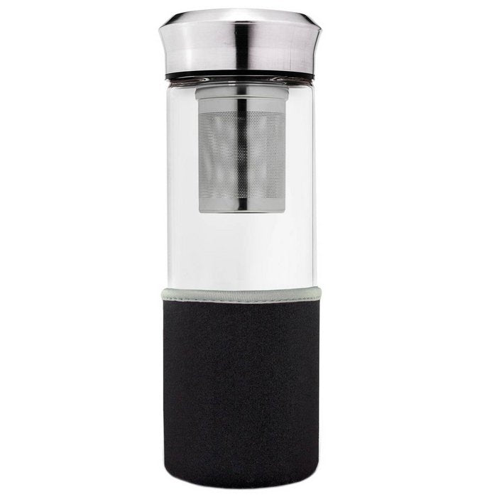Teamaker "Black" 400ml – Glas-Tee-Infuser-Flasche mit Edelstahlfilter & Neopren-Hülle