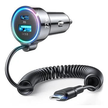 Încărcător auto rapid 3-în-1 Joyroom JR-CL07 72W – USB-C & USB-A cu cablu integrat | Negru