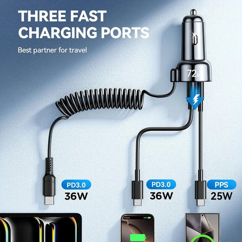 Încărcător auto rapid 3-în-1 Joyroom JR-CL07 72W – USB-C & USB-A cu cablu integrat | Negru