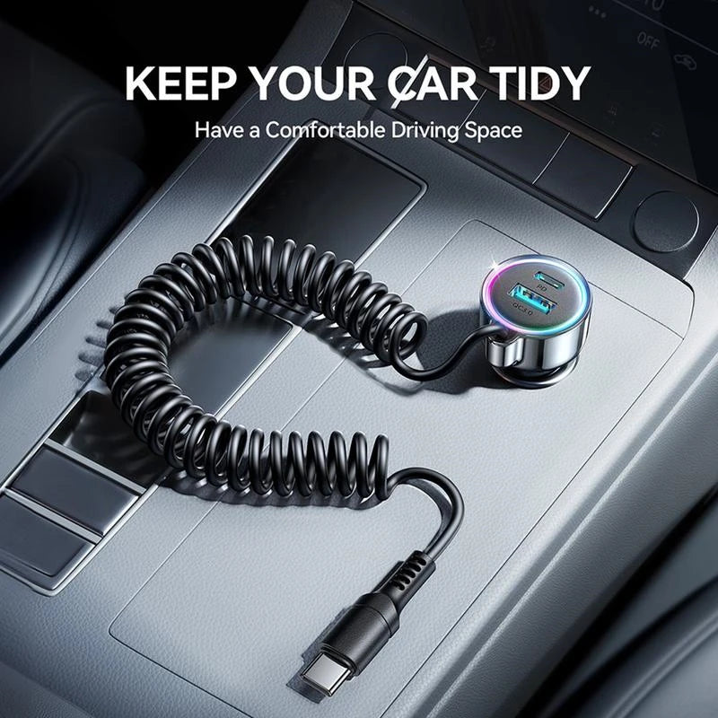 Încărcător auto rapid 3-în-1 Joyroom JR-CL07 72W – USB-C & USB-A cu cablu integrat | Negru