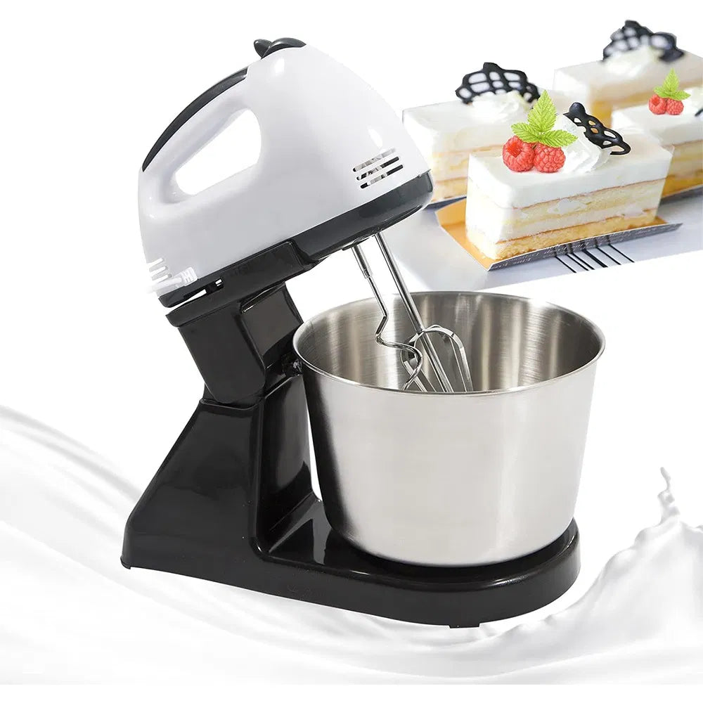 Elektrischer Handmixer mit Standfuß & Schüssel – 7 Geschwindigkeiten | Teighaken, Schneebesen & 1,7L Edelstahlschüssel