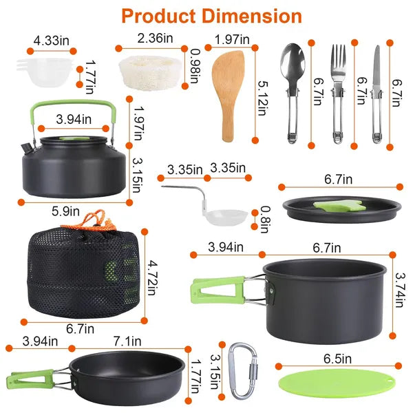 16-teiliges Camping-Kochgeschirr-Set – Aluminiumtopf, Pfanne, Kessel & vollständiges Utensilien-Set