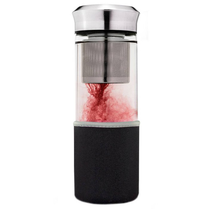 Teamaker "Black" 400ml – Glas-Tee-Infuser-Flasche mit Edelstahlfilter & Neopren-Hülle