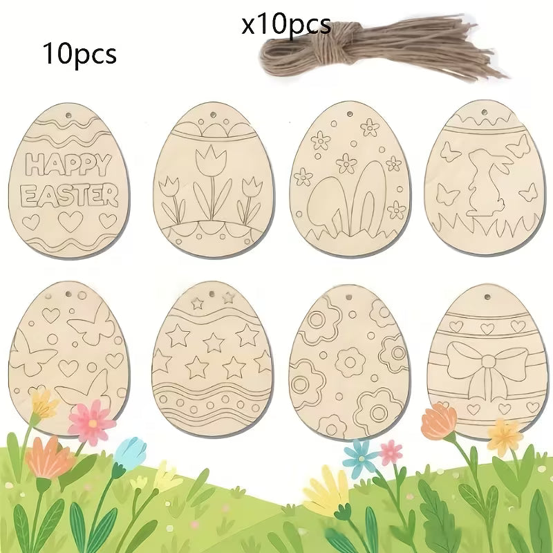 Ornamente din lemn pentru ouă de Paște – 10 ouă + 10 șnururi | Decor de agățat DIY | Paște și primăvară