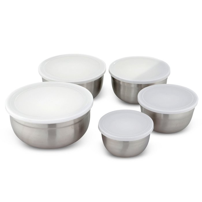 Set de boluri de bucătărie din oțel inoxidabil – 5 piese cu capac | Boluri pentru amestecat, pregătit și depozitare
