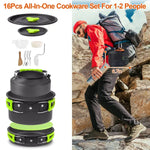 16-teiliges Camping-Kochgeschirr-Set – Aluminiumtopf, Pfanne, Kessel & vollständiges Utensilien-Set