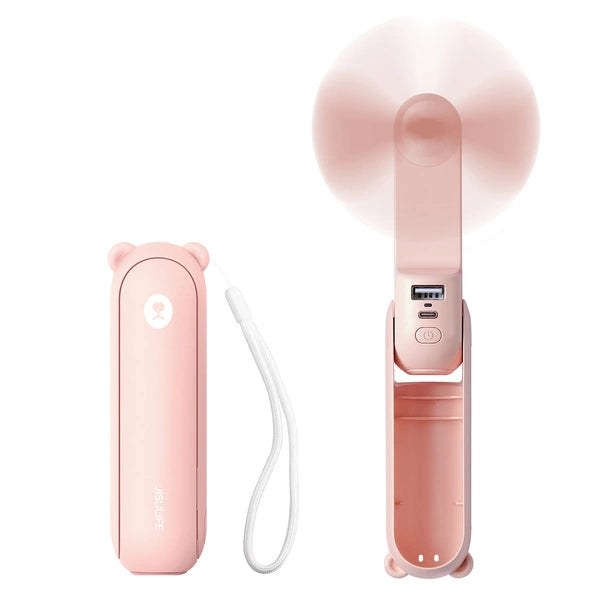 Ventilator portabil Jisulife Life8 – 3-in-1 USB, Power Bank și Lanternă | 2000mAh | Roz