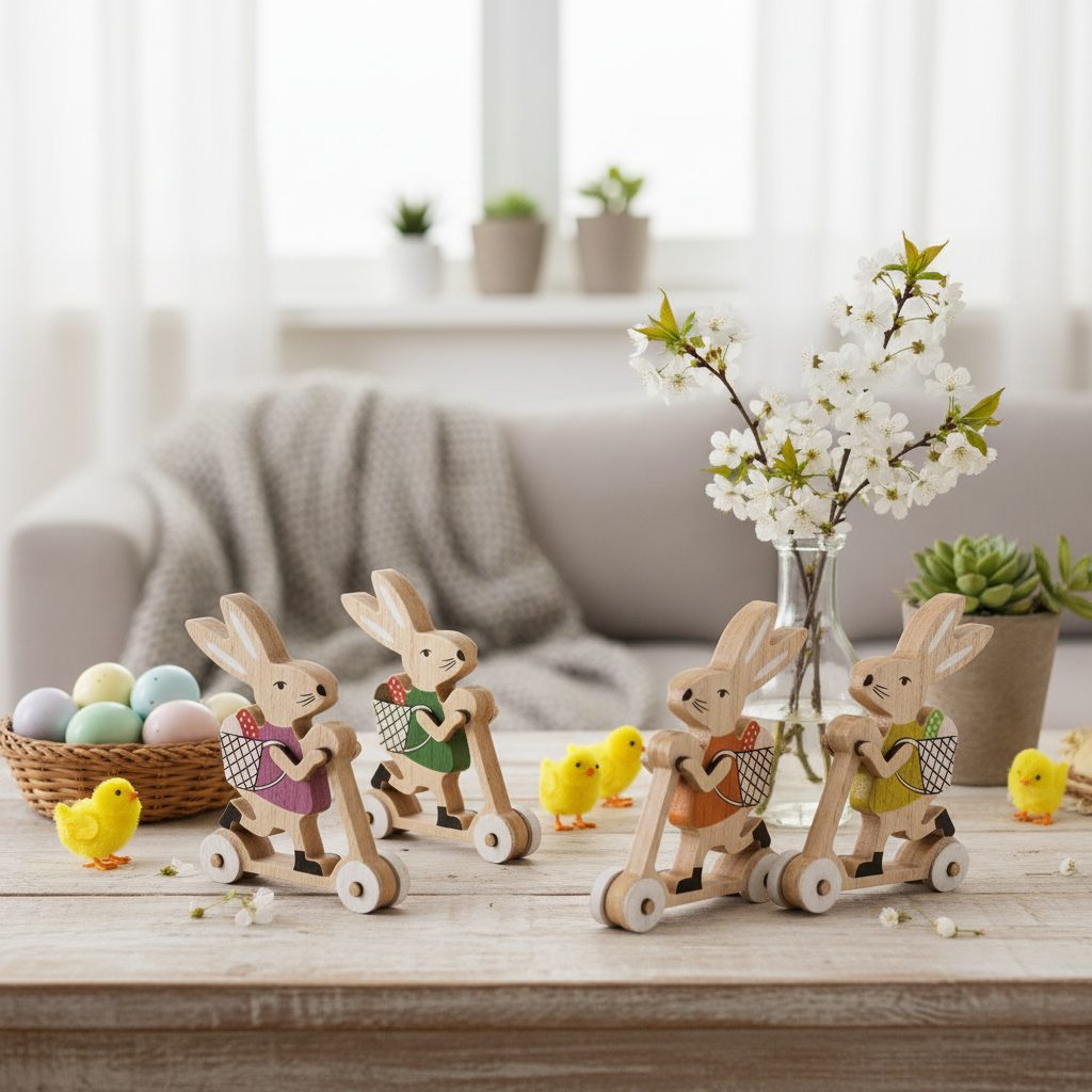 Decorațiuni pentru bicicletă cu iepuraș de Paște – Set de 2 | Ornamente din lemn de primăvară | Decor de masă și raft