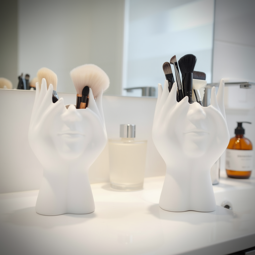 Suport artistic pentru pensule de machiaj – Design modern al feței | Organizator pentru baie și decor de frumusețe | Cadou